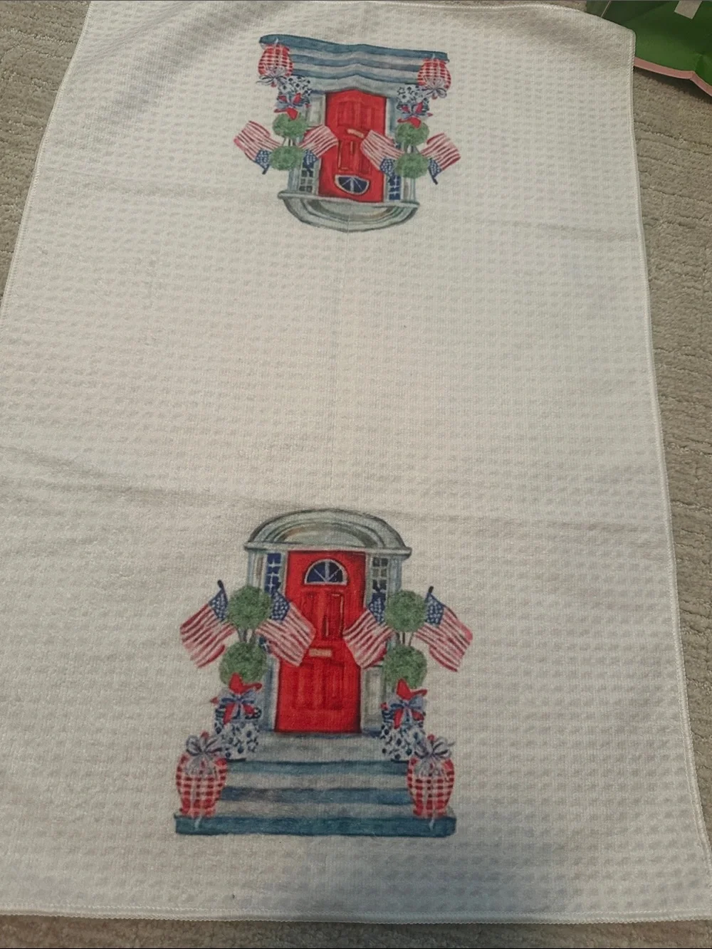 Red Door Decorative Kitchen Towel with Patriotic Accents